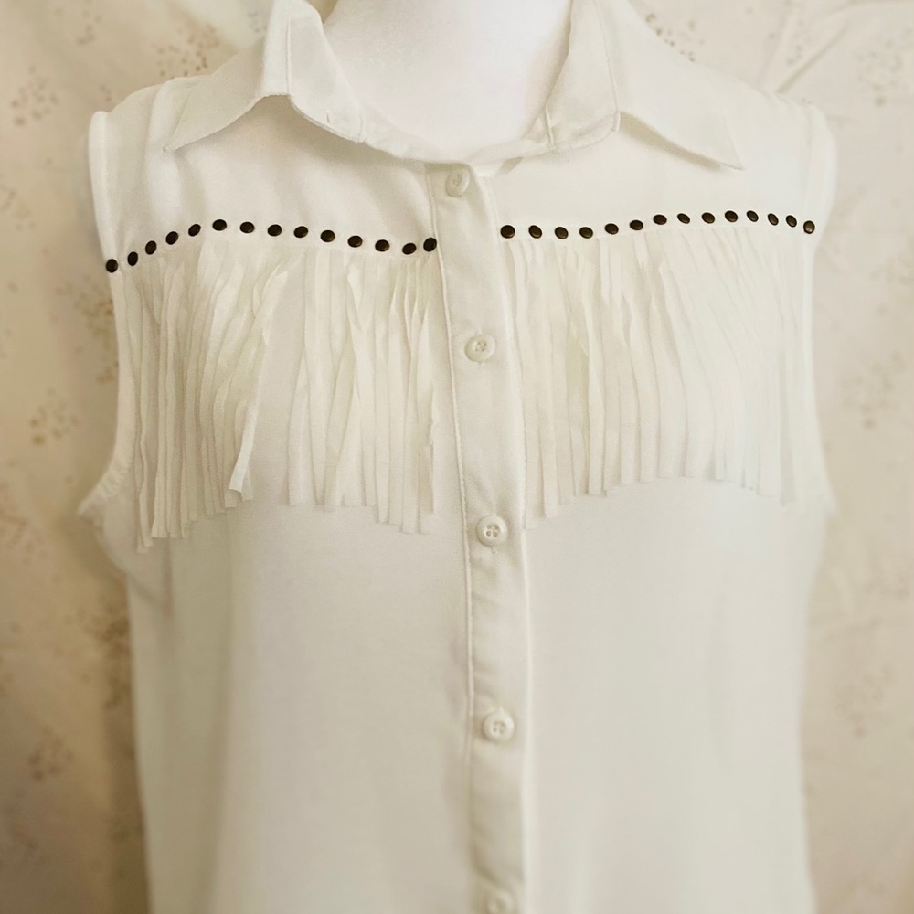 COPY - Sheer fringe sleeveless button up shirt